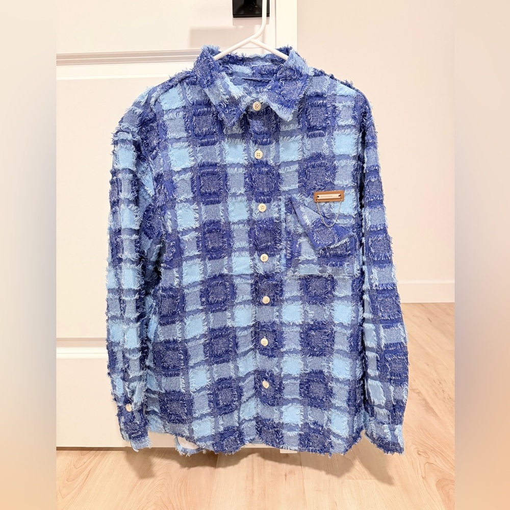 Blue Plaid Textured Button-Up Shirt